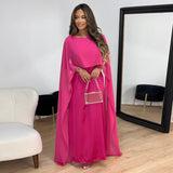 Women's Satin Cape Maxi Dress - Boat Neck and Flowing Overlay