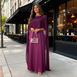 Women's Satin Cape Maxi Dress - Boat Neck and Flowing Overlay