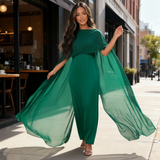 Women's Satin Cape Maxi Dress - Boat Neck and Flowing Overlay