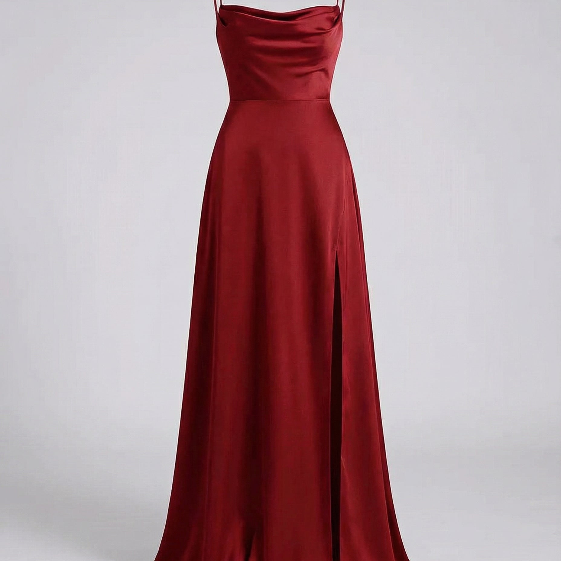 Women's Satin Cowl Neck Maxi Dress - Lace-Up Back and Side Slit