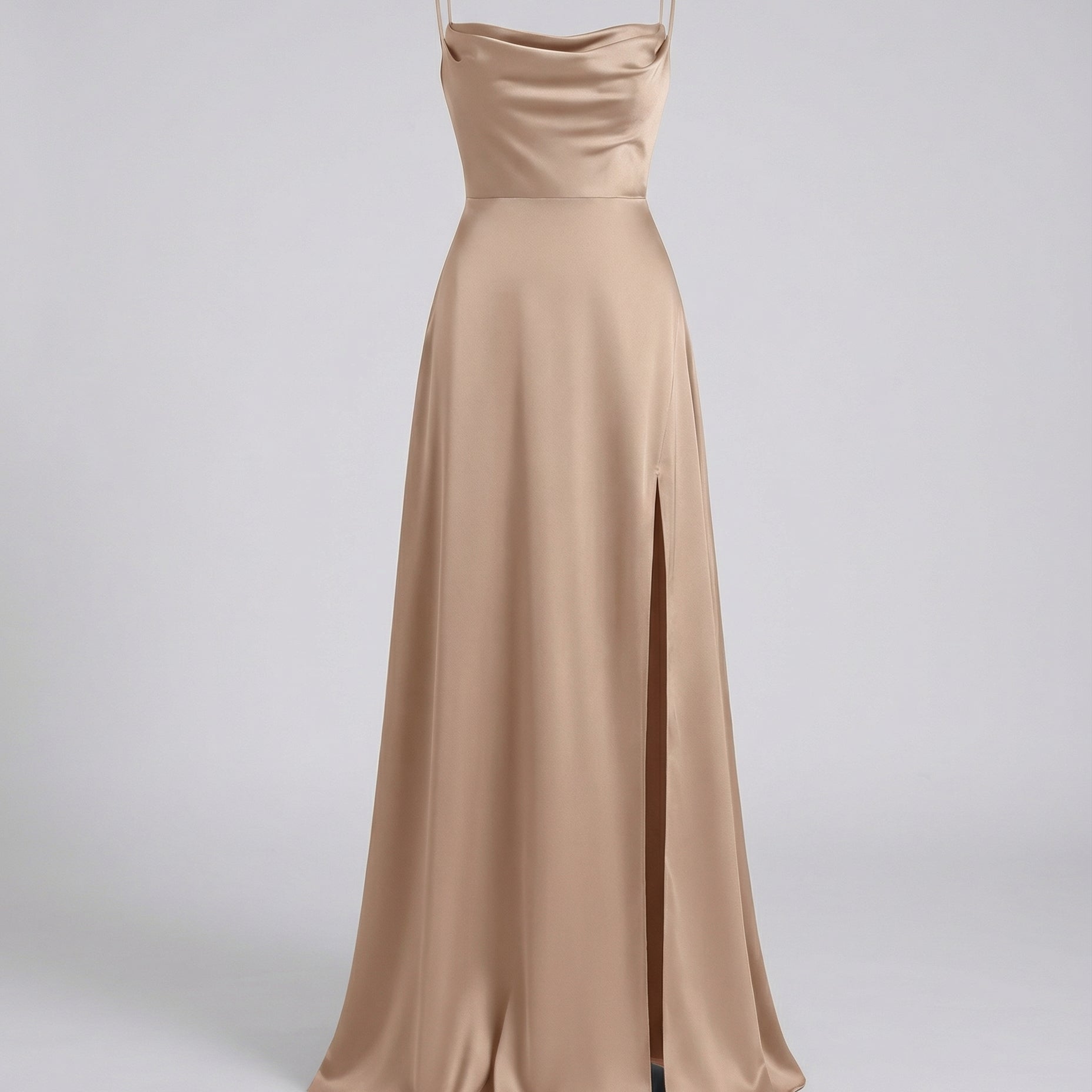 Women's Satin Cowl Neck Maxi Dress - Lace-Up Back and Side Slit