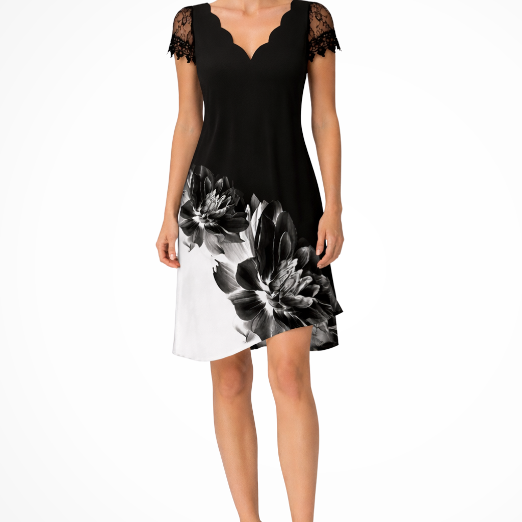 Women's Scalloped V-Neck Mini Dress - Short Lace Sleeves and A-Line Silhouette