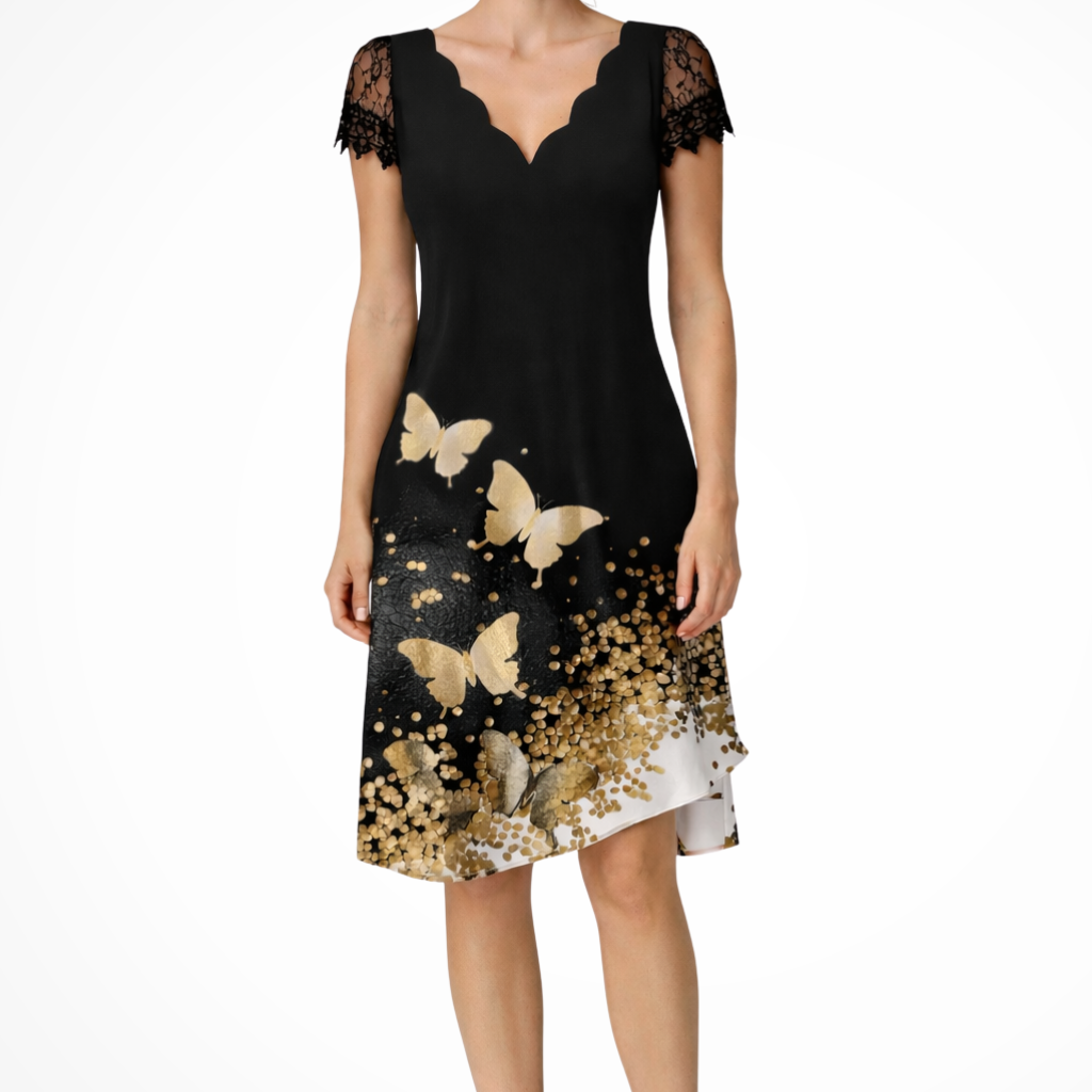 Women's Scalloped V-Neck Mini Dress - Short Lace Sleeves and A-Line Silhouette