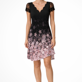 Women's Scalloped V-Neck Mini Dress - Short Lace Sleeves and A-Line Silhouette