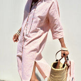Women's Shirt Midi Dress Striped Button Front