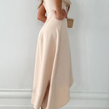 Women's Sleeveless Beige Midi Dress - V-Neck with Ruffle Detail