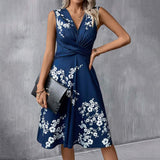 Women’s Sleeveless Blue Midi Dress - Floral Print Design