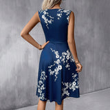 Women’s Sleeveless Blue Midi Dress - Floral Print Design