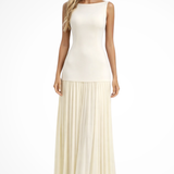 Women's Sleeveless Wedding Guest Maxi Dress - Boat Neck and Pleated Skirt