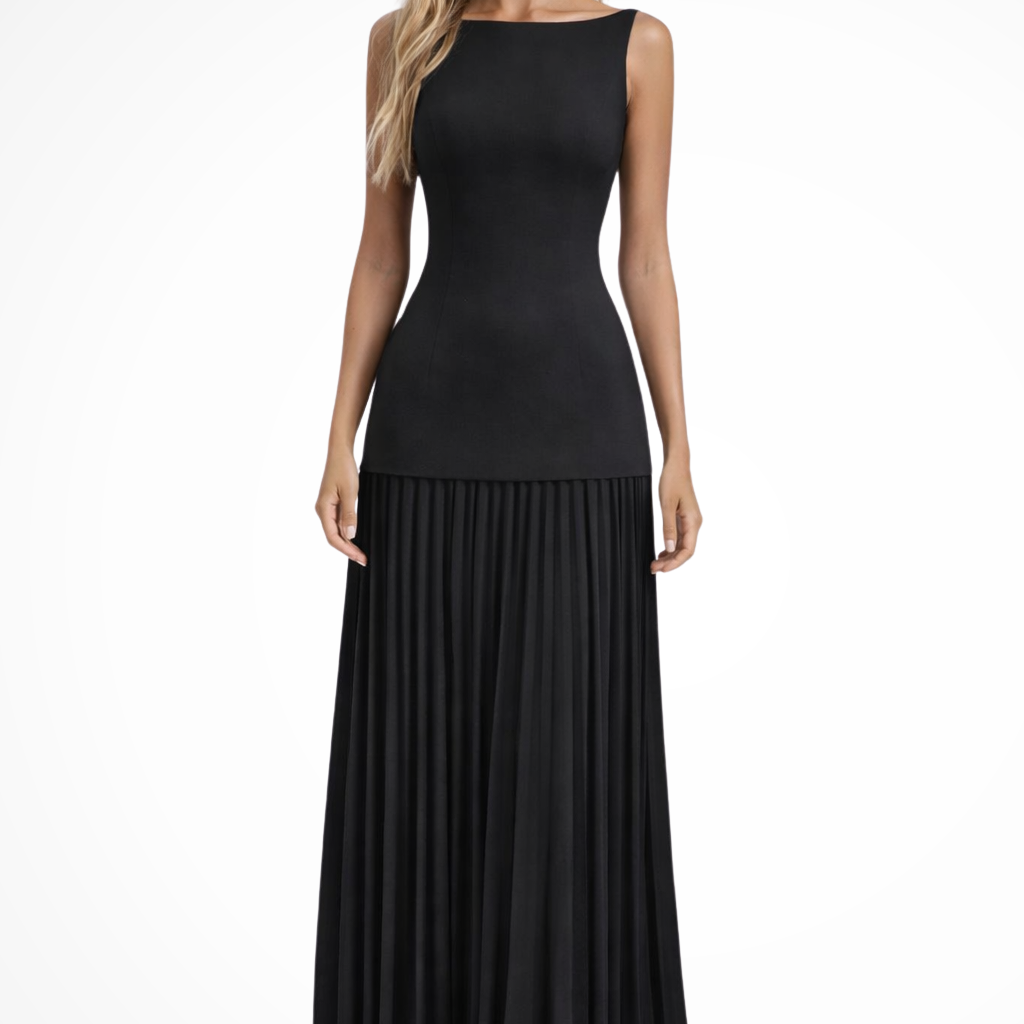 Women's Sleeveless Wedding Guest Maxi Dress - Boat Neck and Pleated Skirt