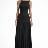 Women's Sleeveless Wedding Guest Maxi Dress - Boat Neck and Pleated Skirt