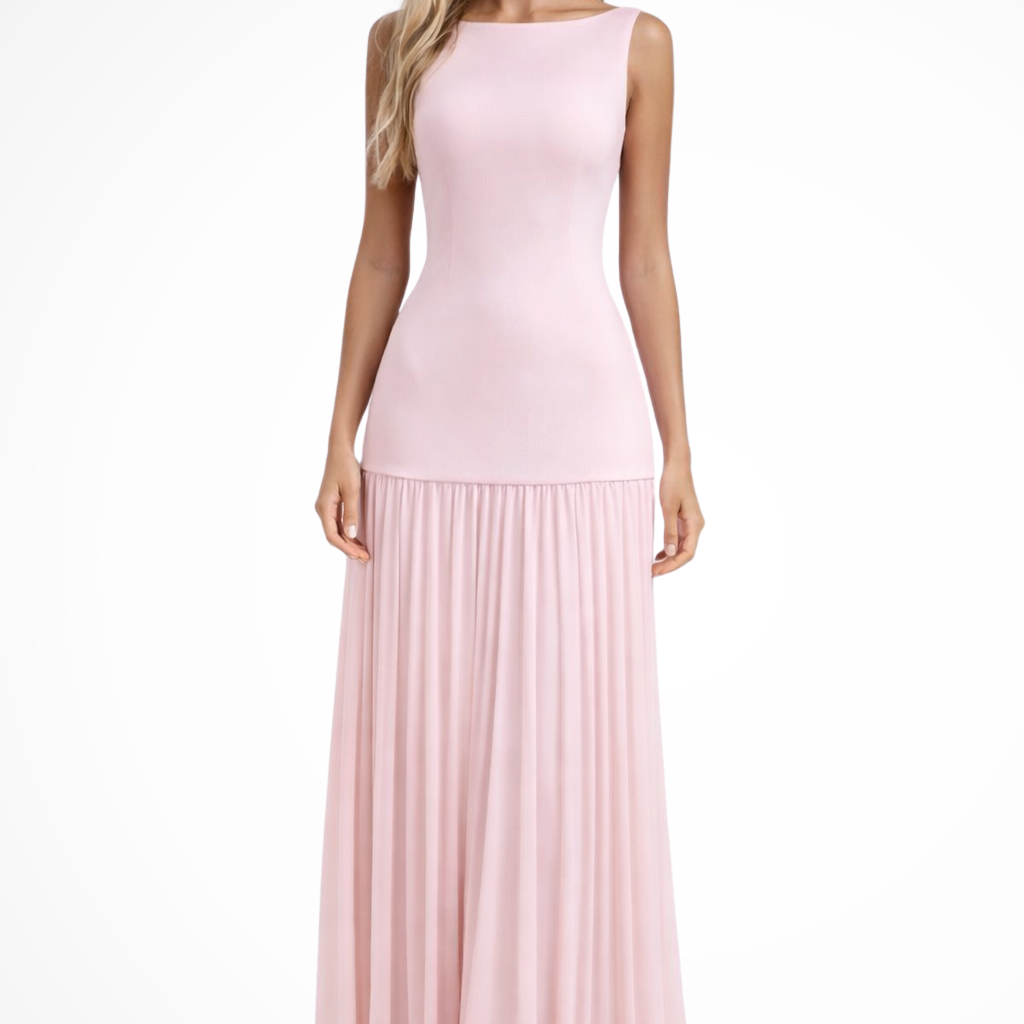 Women's Sleeveless Wedding Guest Maxi Dress - Boat Neck and Pleated Skirt