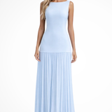 Women's Sleeveless Wedding Guest Maxi Dress - Boat Neck and Pleated Skirt