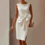 Women Boat Neck Midi Dress Sleeveless Side Bow Detail