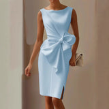 Women Boat Neck Midi Dress Sleeveless Side Bow Detail