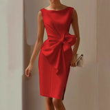 Women Boat Neck Midi Dress Sleeveless Side Bow Detail