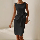 Women Boat Neck Midi Dress Sleeveless Side Bow Detail