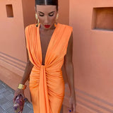 Women's Sleeveless Ruched Maxi Dress - Wedding Guest Dress with Deep V-Neck