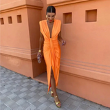Women's Sleeveless Ruched Maxi Dress - Wedding Guest Dress with Deep V-Neck