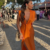 Women's Sleeveless Ruched Maxi Dress - Wedding Guest Dress with Deep V-Neck