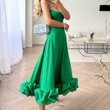 Women's Spaghetti Strap High-Waist Midi Dress - Ruffled Hem Style