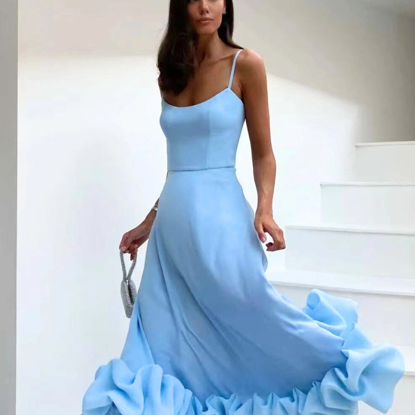 Women's Spaghetti Strap High-Waist Midi Dress - Ruffled Hem Style