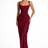 Women's Square Neck Corset Maxi Dress Draped Detail and Structured Bodice