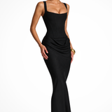 Women's Square Neck Corset Maxi Dress Draped Detail and Structured Bodice