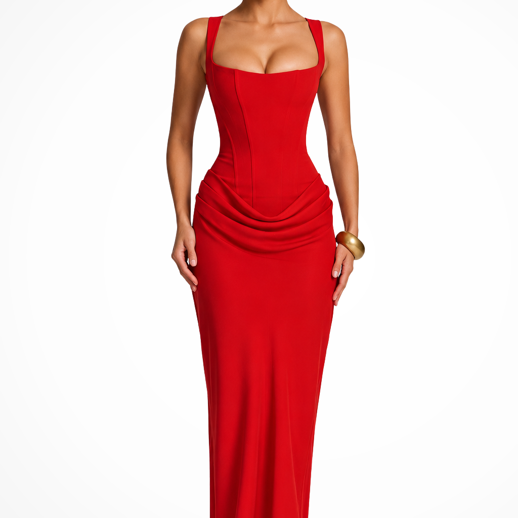 Women's Square Neck Corset Maxi Dress Draped Detail and Structured Bodice