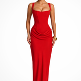 Women's Square Neck Corset Maxi Dress Draped Detail and Structured Bodice