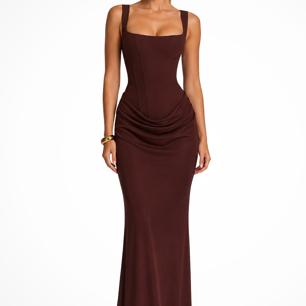 Women's Square Neck Corset Maxi Dress Draped Detail and Structured Bodice