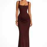 Women's Square Neck Corset Maxi Dress Draped Detail and Structured Bodice