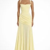 Women's Square Neck Maxi Dress - Ruched Bodice and Draped Skirt Detail