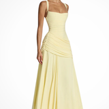 Women's Square Neck Maxi Dress - Ruched Bodice and Draped Skirt Detail
