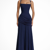 Women's Square Neck Maxi Dress - Ruched Bodice and Draped Skirt Detail