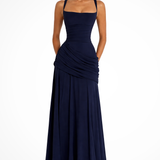 Women's Square Neck Maxi Dress - Ruched Bodice and Draped Skirt Detail