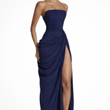 Women's Strapless Maxi Dress - Ruched Bodice and High Side Split