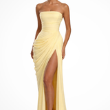 Women's Strapless Maxi Dress - Ruched Bodice and High Side Split