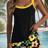 Women's Tankini Swimsuit Flattering Swimwear Set Tummy Control Ribbed Top Shorts
