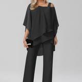 Women's Two-Piece Trouser Set - Layered Asymmetrical Top and Straight Leg Detail