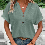 Women's V-Neck Short Sleeve Blouse - Textured with Button Detail