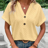 Women's V-Neck Short Sleeve Blouse - Textured with Button Detail
