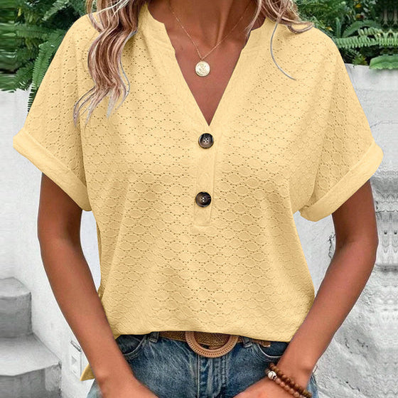 Women's V-Neck Short Sleeve Blouse - Textured with Button Detail