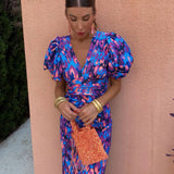 Women's Wedding Guest Dress Puff Sleeve Ruched Midi Evening Gown