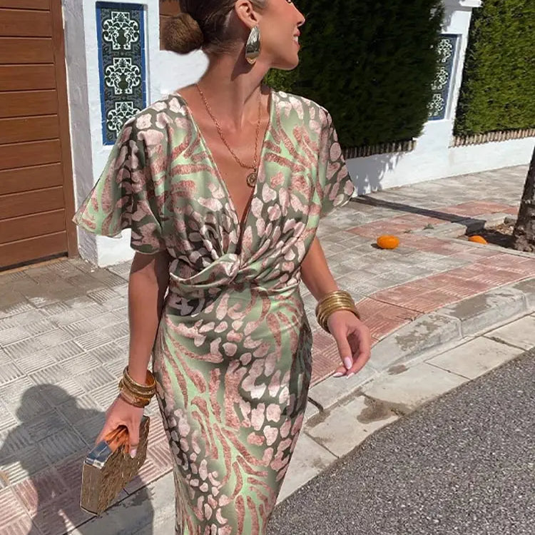 Women's Wrap Animal Print Maxi Dress - Twist Front Detail and Fluted Sleeves