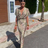 Women's Wrap Animal Print Maxi Dress - Twist Front Detail and Fluted Sleeves