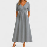 Women's Wrap Front Midi Dress - V-Neck and Short Sleeve Detail