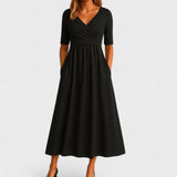 Women's Wrap Front Midi Dress - V-Neck and Short Sleeve Detail