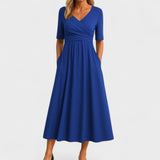 Women's Wrap Front Midi Dress - V-Neck and Short Sleeve Detail