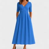 Women's Wrap Front Midi Dress - V-Neck and Short Sleeve Detail